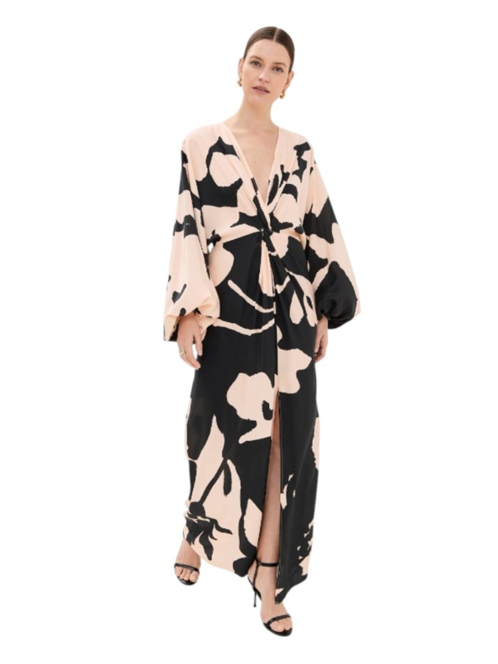 Figue Brenna Silk Maxi Dress Womens 10 Black Pink V-Neck Floral Twist Front